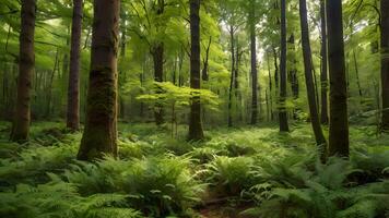 Serene Sunlight Dappled Forest with Lush Ferns photo