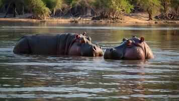 Two Hippos Relaxing in Calm Gambia River Waters photo