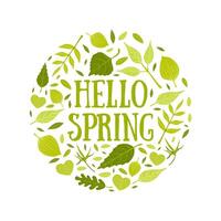 Hello Spring Banner Template with Green Leaves of Various Forest Trees Seamless Pattern of Round Shape Illustration vector