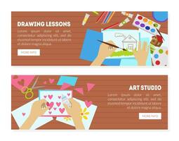 Drawing Lessons, Art Studio Landing Page, Creating Handmade Work Banner, Creativity Lesson or Workshop for Kids Illustration vector