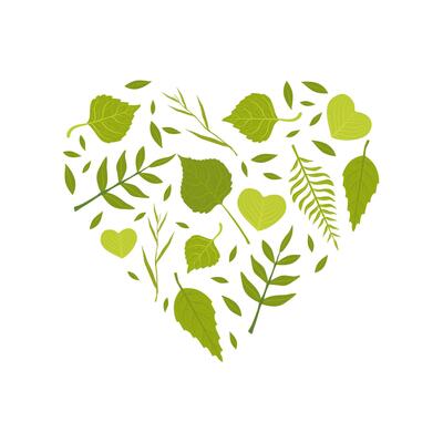 Hello Spring Banner Template with Green Leaves of Various Forest Trees Pattern of Heart Shape Illustration