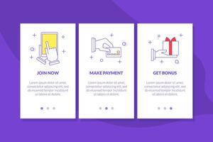 Join Now, Make Payment, Get Bonus Mobile App Page Onboard Screen Set, Website or Web Page Illustration vector