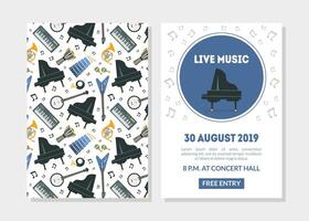 Live Music Landing Page Template with Different Music Instruments Seamless Pattern, Invitation Card, Poster, Leaflet, Flyer Illustration vector