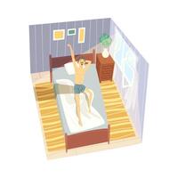 Stretching Man Sitting on His Bed After Getting Up, View from Above, Man in Everyday Life, Daily Routine Illustration vector