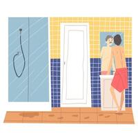 Man Standing in Front of Mirror in Bathroom, Man in Everyday Life, Morning Routine Illustration vector