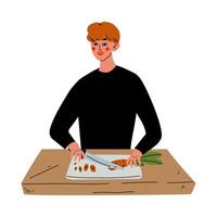 Young Man Cutting Carrot on Board, Guy Cooking in the Kitchen Illustration vector