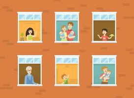 People Looking Out of Windows Set, Neighbors in Their Apartments Greeting Through the Windows Illustration vector