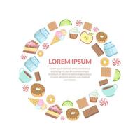 Sweets Round Frame, Candy, Cake, Donut, Cup of Tea, Cookie, Teatime Circle Border Template with Space for Text Illustration vector