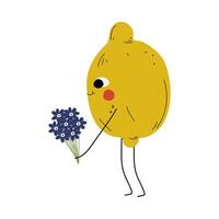 Cute Lemon Standing with Bouquet of Flowers, Cheerful Citrus Fruit Character with Funny Face Illustration vector