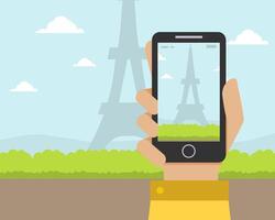 Hand Holding Smartphone with Eiffel Tower on the Screen Illustration vector