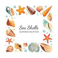 Sea Shells Square Frame, Seashells Border Template with Space for Text, Summertime Banner Illustration vector