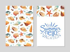 Hello Summer Vacation Card Template with Seashells, Design Element Can Be Used for Menu, Packaging, Flyer, Certificate Illustration vector