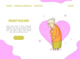 Heart Failure Landing Page, Elderly Woman Suffering from Heartache Walking with Cane, Website or Mobile App Template Illustration vector