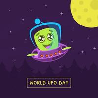 World UFO Day Banner with Cute Alien Character in Spaceship Illustration vector