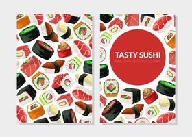 Tasty Sushi Card Template with Asian Food Seamless Pattern, Design Element Can Be Used for Packaging, Flyer, Certificate vector