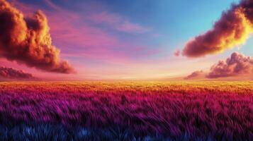 A colorful field with clouds and a sunset photo