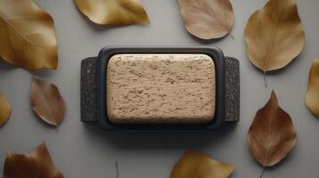 Elegant wooden serving platter surrounded by autumn leaves on a textured surface, highlighting natural materials and seasonal beauty photo