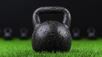 A kettlebell on grass with black water droplets photo