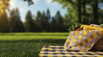 Picnic basket with vegetables and fruit on grass photo