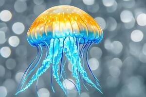 Bright turquoise jellyfish glows ethereally in a soft ocean surrounded by soft white particles of light in a mystical underwater environment photo