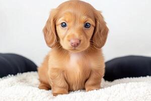 Adorable dachshund puppy with warm brown fur sitting on a soft blanket surrounded by black cushions in a cozy setting photo