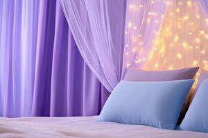 Cozy dreamy interior featuring whimsical canopy bed draped in lavender curtains adorned with glowing string lights for a serene and inviting atmosphere photo