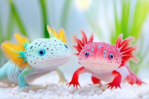 Playful pair of axolotls swimming in a vibrant light blue aquarium showcasing their unique colors and lively underwater environment photo