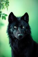 Majestic wolf with pale lime green eyes stands proud in a forest illuminated by mint green moonlight photo