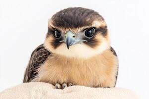 Elegant falcon with deep black wings and warm brown chest feathers perched on soft glove against pure white sky photo