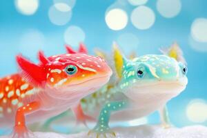 Playful pair of axolotls swimming joyfully in a serene light blue aquarium surrounded by a gentle underwater ambience photo