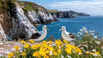 serene scene of albatrosses among vibrant flowers by cliffs photo