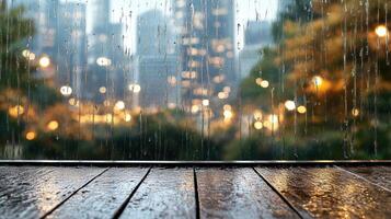 rainy window with streaks of water and blurred city view creates cozy atmosphere photo