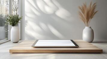 serene minimalist workspace featuring tablet on wooden surface, surrounded by plants photo