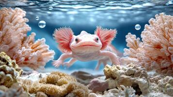 serene underwater scene featuring axolotl among coral reefs photo