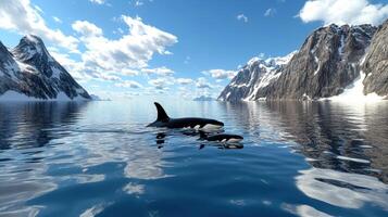 serene scene of whale mother and calf swimming together in calm waters photo