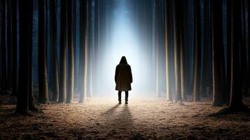 shadowy figure stands in dark forest, illuminated by glowing light photo