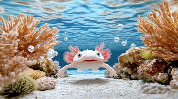 serene underwater scene featuring axolotl surrounded by coral and bubbles photo