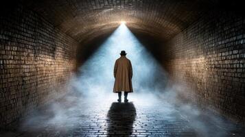 shadowy figure in trench coat stands in dimly lit tunnel, illuminated by beam of light photo