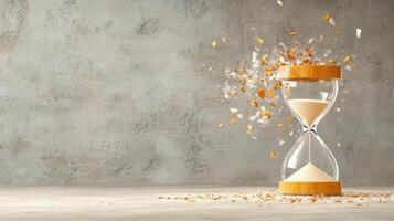 Shattered hourglass spilling glowing sand, symbolizing time fragility photo