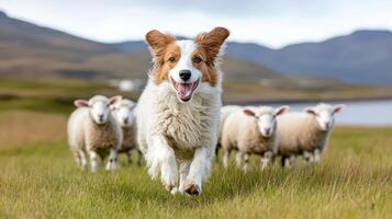 sheepdog herding sheep across grassy landscape, showcasing teamwork and joy photo
