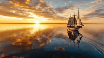ship sailing into distant horizon under glowing sunset photo