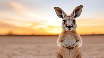 kangaroo stands in serene landscape during sunset, showcasing its unique features photo