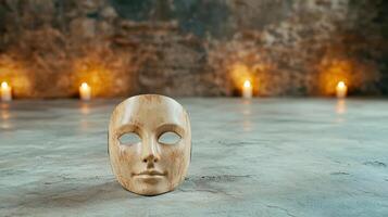 sinister looking mask resting on stone floor with candles glowing softly photo