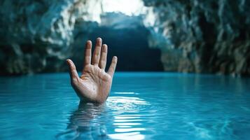 hand reaching out from serene blue pool in cave, evoking sense of mystery and intrigue photo