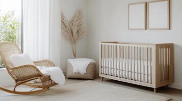 tidy neutral toned nursery featuring single crib and rocking chair photo