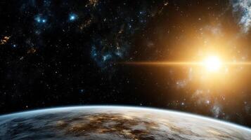 stunning view of planet with bright sun rising in background, showcasing beauty of space photo