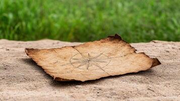 weathered map with compass design rests on dirt, evoking adventure photo