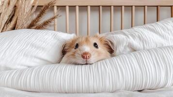 tiny hamster peeking out from soft bedding, looking curious and adorable photo