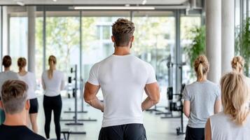 fitness trainer leading group workout session in gym photo