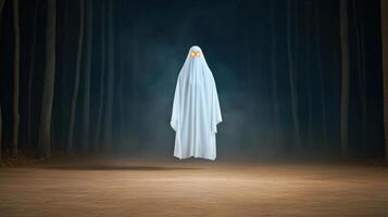 translucent ghostly figure floating in dark misty forest evokes mystery photo